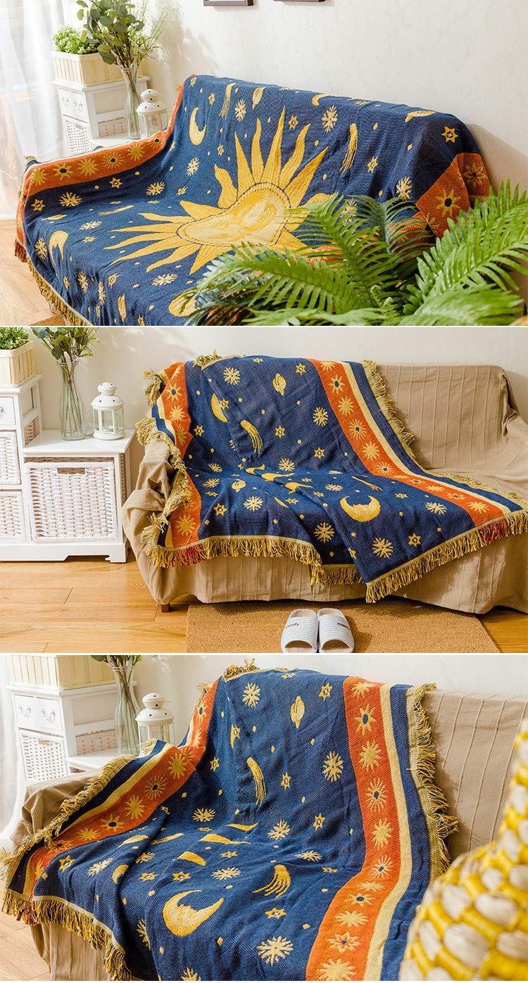Erke 70" x 90" Sun and Moon Blanket Celestial Couch Sheet Cover Witchy Hippy Home Decoration, Double Sided Cotton Woven Hippie Throws Wicca Blankets for Couch Bed Recliner Decor - Yellow/Blue - Image 5